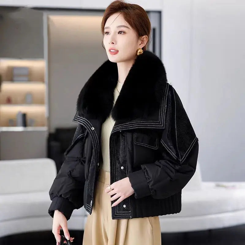 Women's Winter Down Jacket Sheepskin Fabric Fur V-Neck Rabbit Fur Lining Fur Coat Women Warm And Fashionable Jacket - reetell