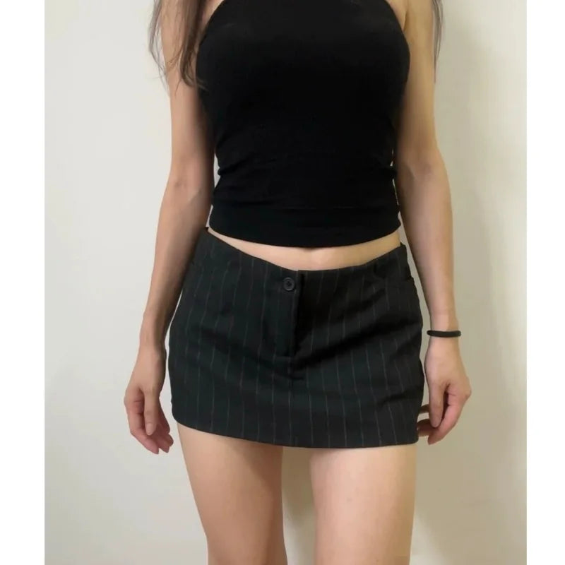 Women Black Mini Skirt 2024 Fashion Spring Ladies Low-rise Striped Skirt Female Vintage Button Safety Pants Slim Skirt - reetell