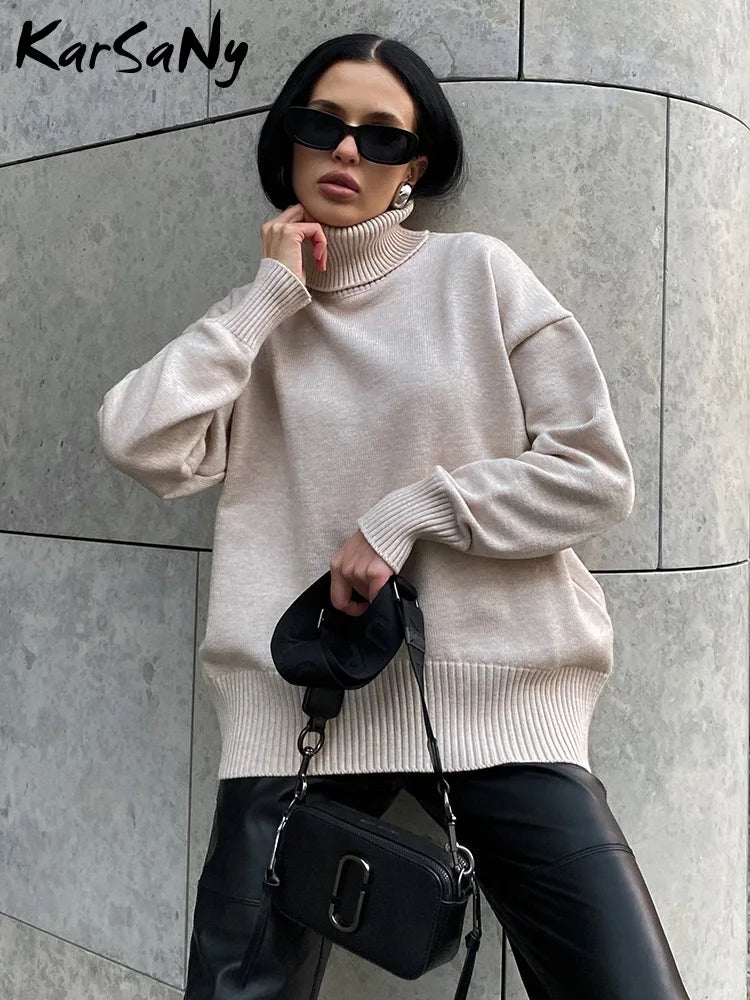 Women's Thick Sweaters Oversize Turtleneck Women Winter Warm White Pullovers Knitted High Neck Oversized Sweater For Women Tops - reetell