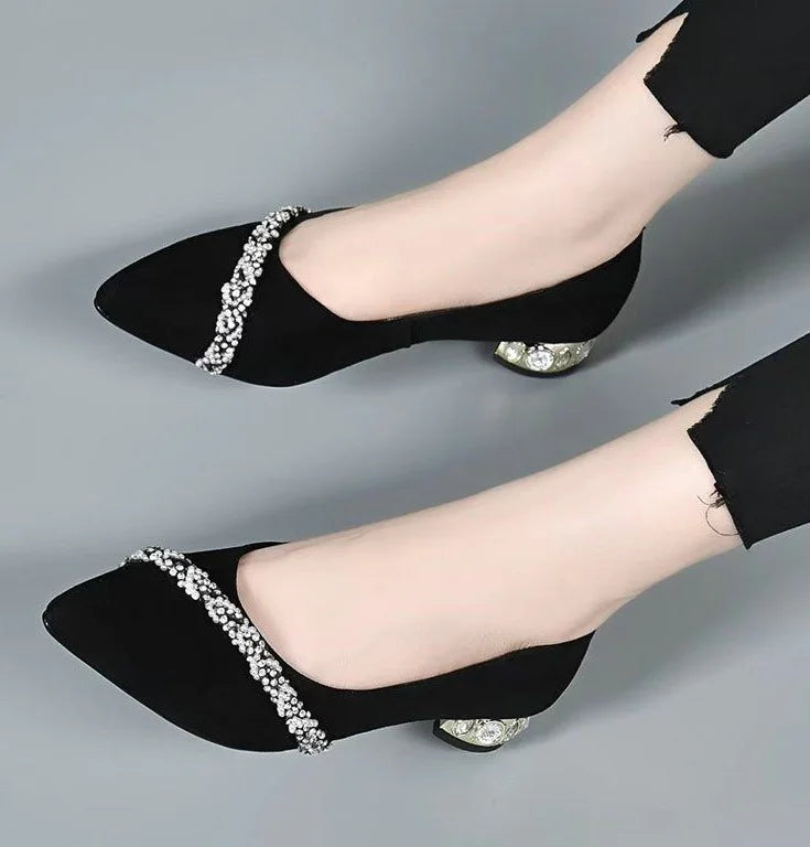 Women's Summer Footwear Diamond Shoes for Woman 2024 Rhinestone Office Low Heel Elegant with Crystals Black Stylish on Promotion