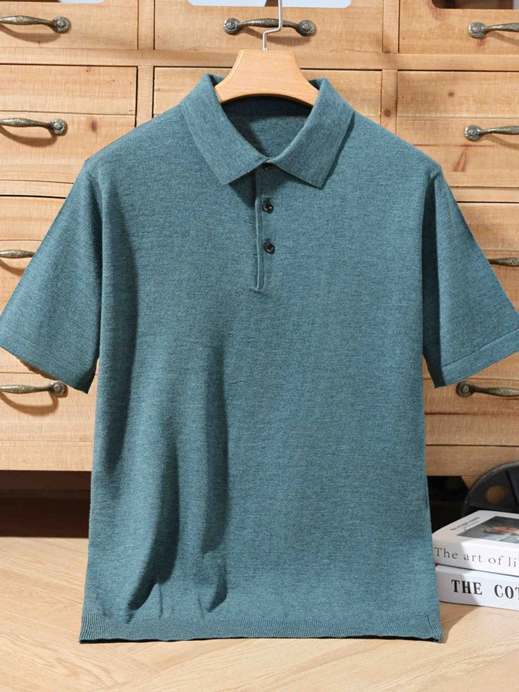 100% merino sweater summer men's lapel pullover short sleeve POLO neck sweater loose top knitted clothing plus size T-shirt