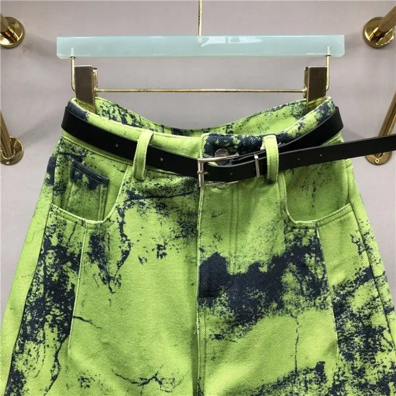 European Goods Heavy Industry Fashion Tie Dye Green Jeans Women's New Spring Summer High Waisted Loose Fit Slimming Harun Jeans - reetell