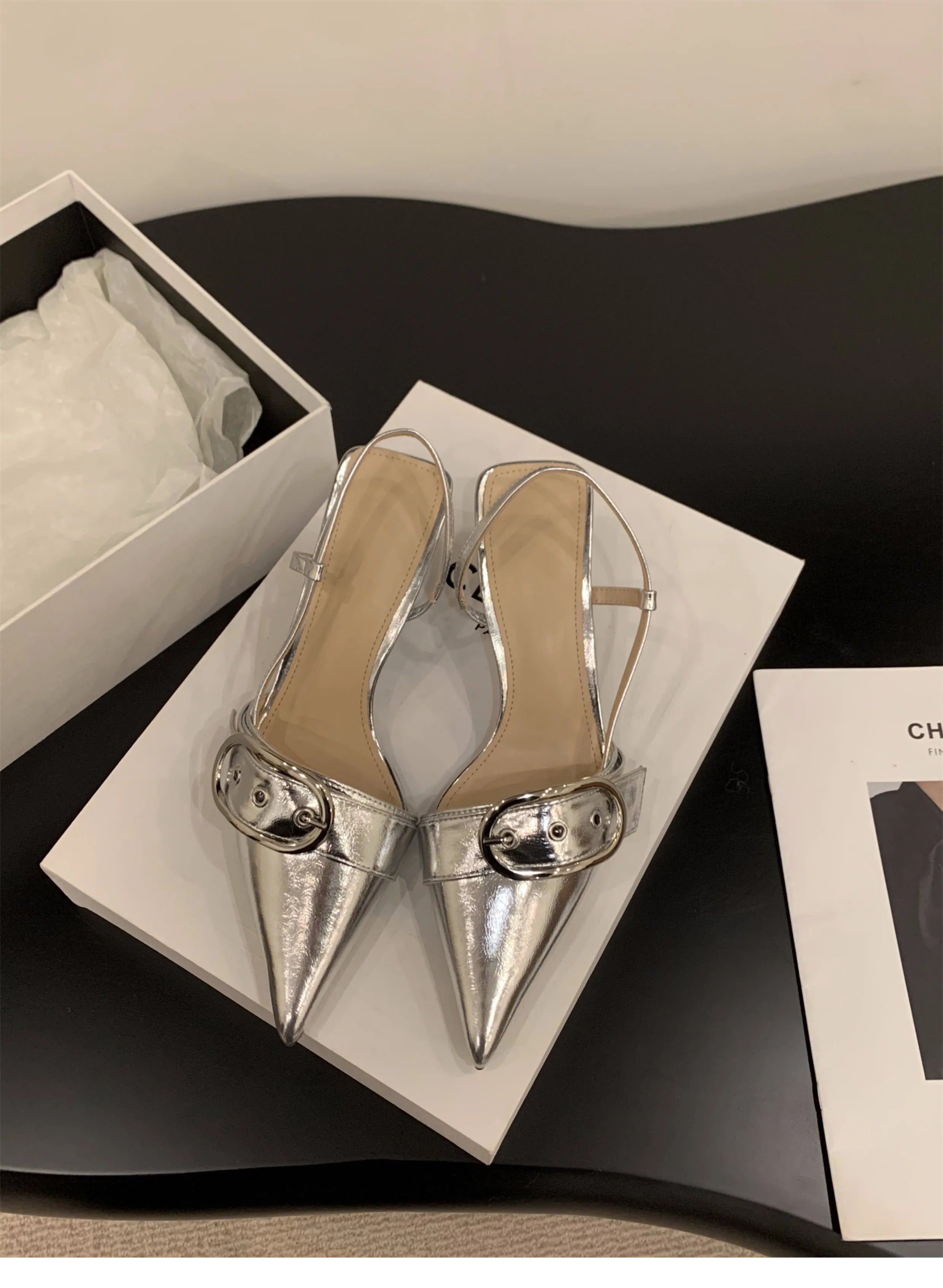 Punk Goth Metal Buckle High Heels Sandals Women 2024 Summer Pointed Toe Silver Party Shoes Woman Korean Style Thin Heels Sandals