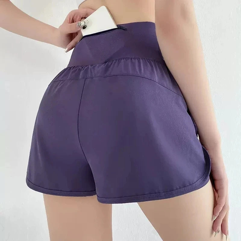 Gym Sport Shorts Women Elastic High Waist Short Pants With Pockets Fake Two Pieces Yoga Leggings Running Training Shorts - reetell