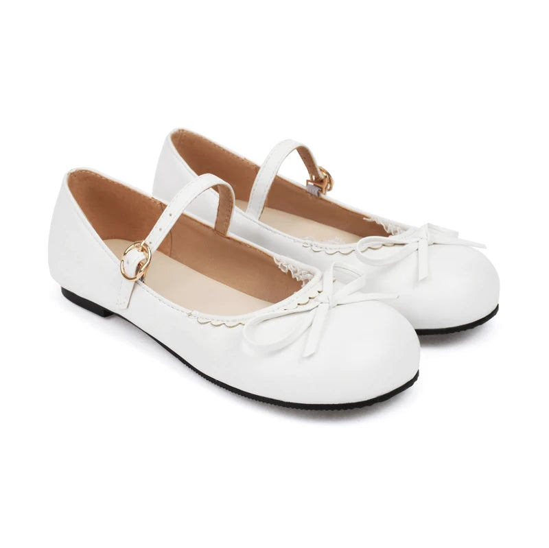 Spring Autumn Pink White Mary Janes Flat Shoes Woman Round Toe Buckle Strap Lolita Girls Student Ballet Flats Plus Size 43 44 45 - reetell