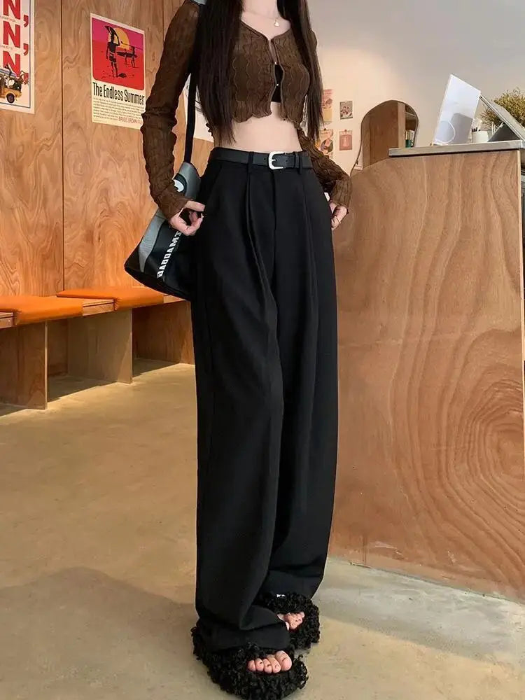 QWEEK Elegant Baggy Gray Suits Pants Woman Oversized Office Ladies Casual Korean Fashion Classical Trousers High Waist Summer - reetell