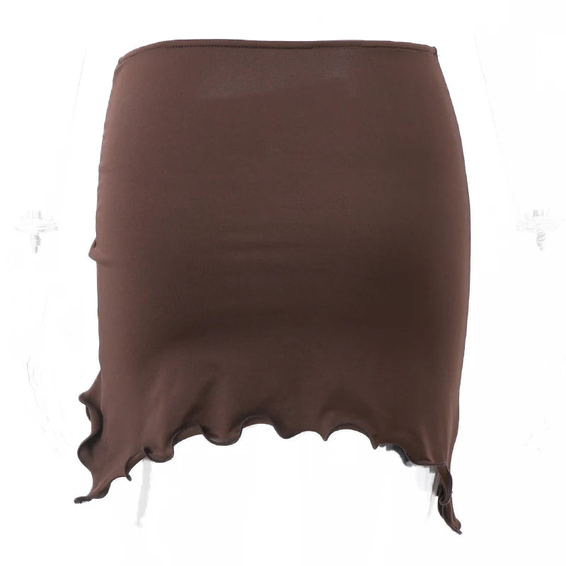 Xeemilo Y2K Irregular Shape Draw-string Mini Skirt Vintage Brown Sexy Bandage Low-waist Skirt Summer Chic Streetwear Short Dress - reetell