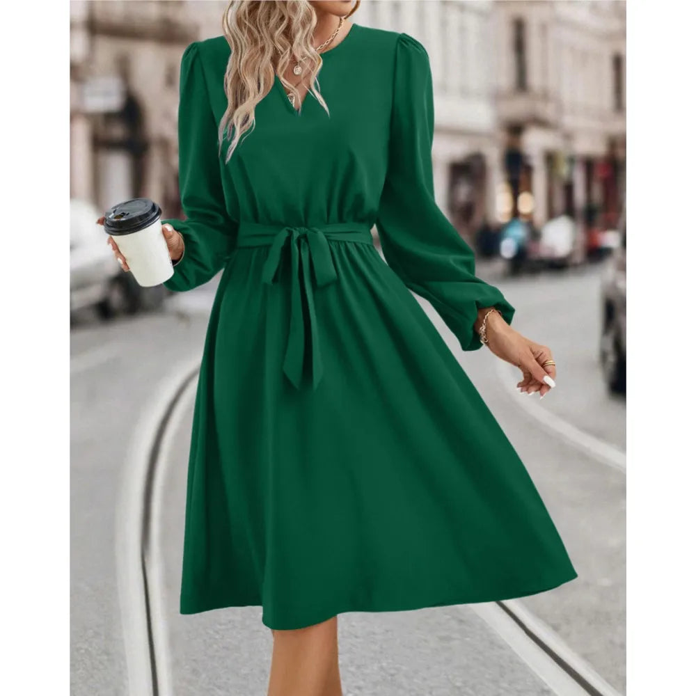 Elegant Women's Solid Color Lace Up Knee Length Dress 2024 New Autumn Winter Women's Long Sleeved V-neck Dress Vestido Femininos - reetell