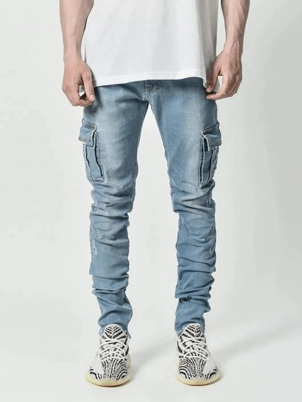 Fashion Streetwear Ripped Skinny Jeans Men Side Mulit Pockets Denim Cargo Pants Slim Fit Pantalones Hombre Soft Elastic Joggers - reetell