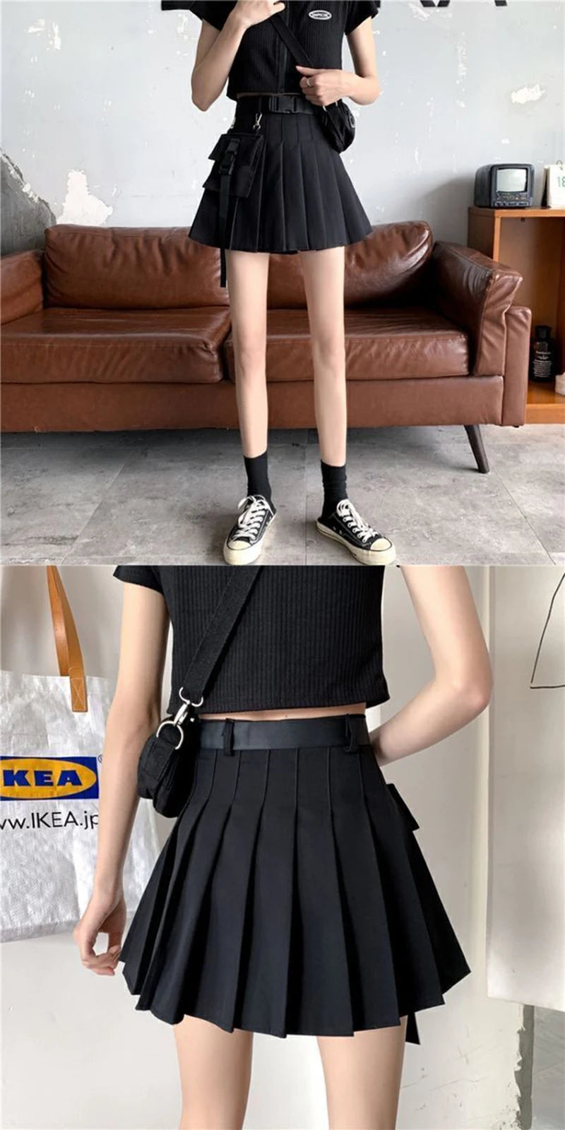 Zoki Harajuku Belt Pleated Cargo Skirt Women Fashion Gothic High Waist Pocket Mini Skirts Fashion Summer Lady A Line Black Skirt - reetell