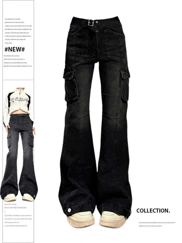 Women Black Gothic Cargo Flare Jeans Emo 2000s Vintage High Waist Baggy Denim Trousers Y2k Harajuku 90s Aesthetic Pants Clothes - reetell