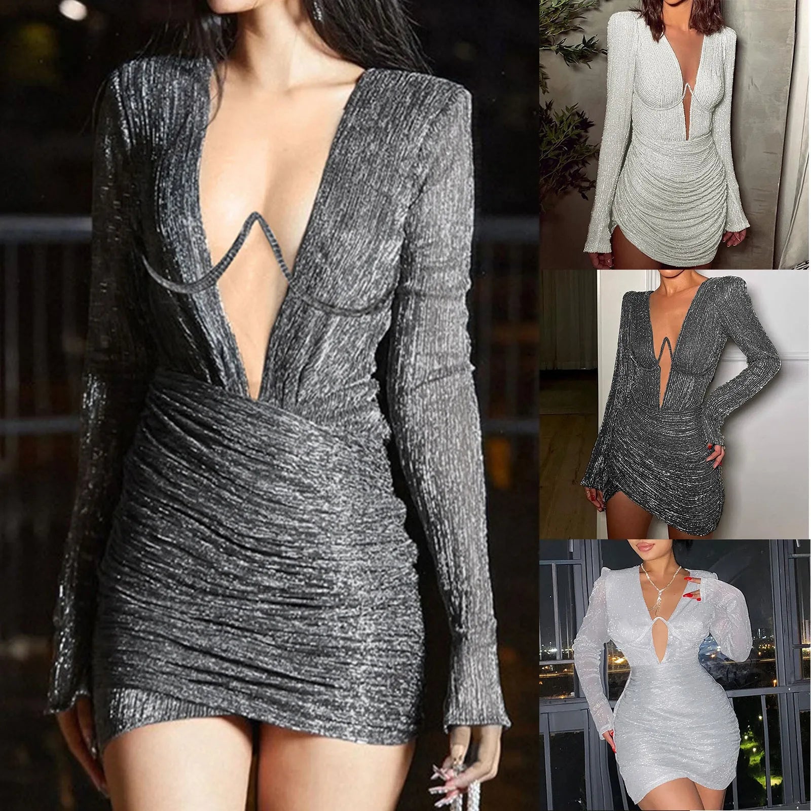 Y2k Shine Sexy Evening Dress Women Fashion Elegant Long Sleeve Low Cut Sexy Mini Dresses Ladies Party Club Dress Vestido 2024 - reetell