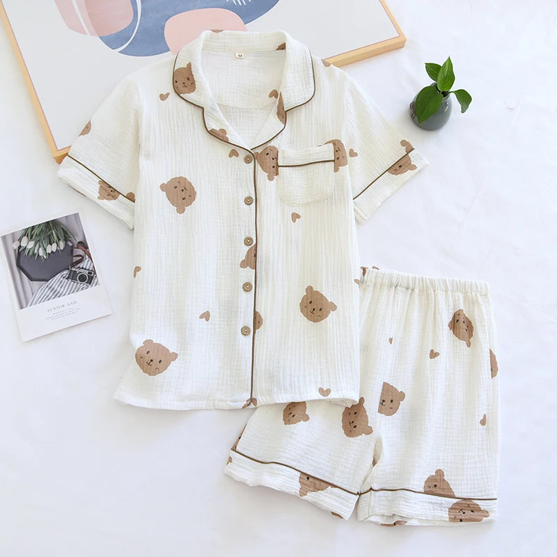 Summer Couple Pure Cotton Cute Bear Pajamas Set Crepe Gauze Sleepwear Female Short Sleeved Pijama Loungewear Crepe Ladies Pyjama