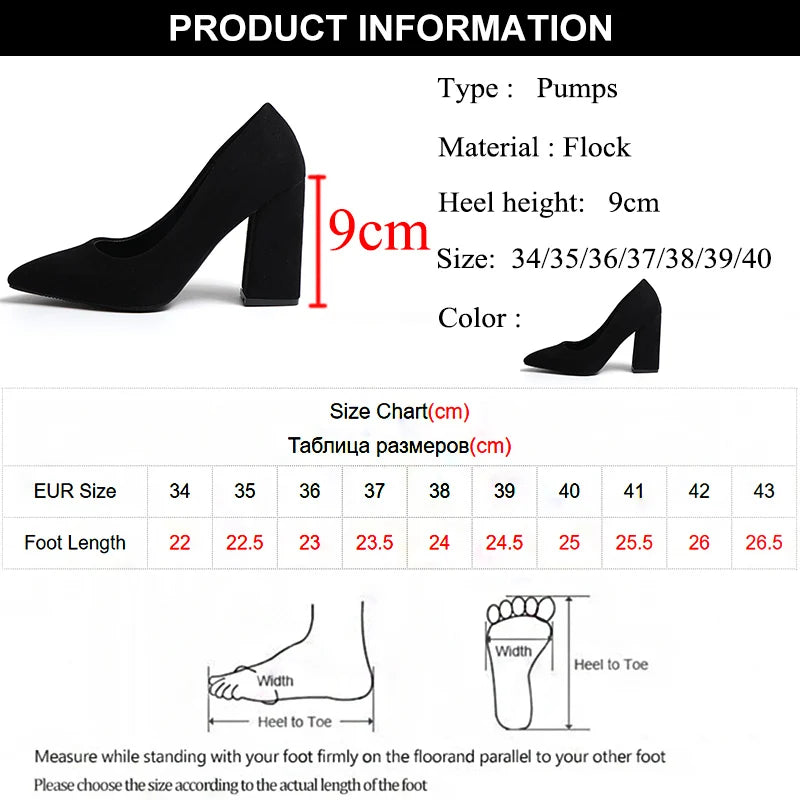 Sexy Black Square Heels Office Shoes Women Pointed Toe Slip-On High Heels Pumps Woman Autumn Shallow Suede Dress Shoes Female