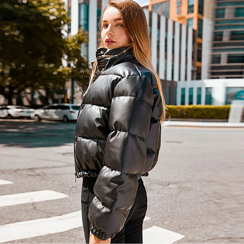 2024 Winter Thick Warm PU Leather Coats Women Short Parkas Female Fashion Elegant Zipper Black Cotton Padded Down Jacket Lady