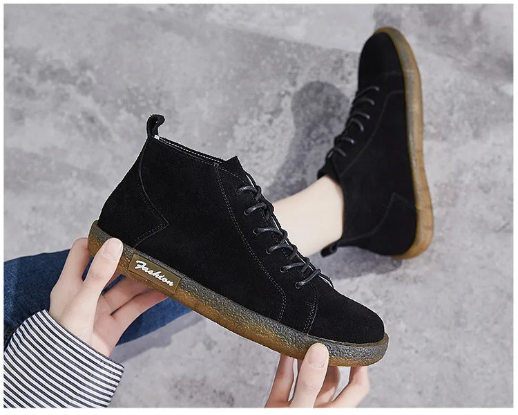 Soft Sole Single Shoes Spring and Autumn Flat Sole Women's Shoes Retro Single Layer High Top Frosted Leather  Ankle Boots Women