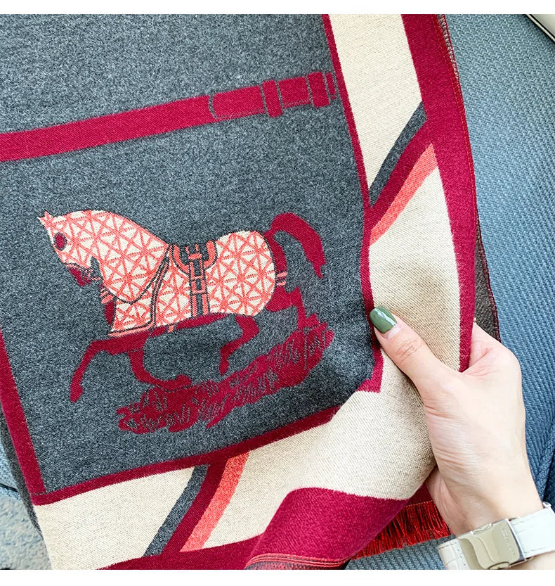 Women's Autumn Winter Horse Pattern Scarf New Luxury Cashmere Feeling Large Blanket Wrap Soft Warm Brand Shawl Retro & Classical - reetell