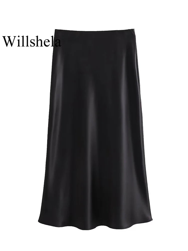 Willshela Women Fashion Satin Solid Pleated Midi Skirt Vintage Mid Elastic Waist Female Chic Lady Skirts - reetell