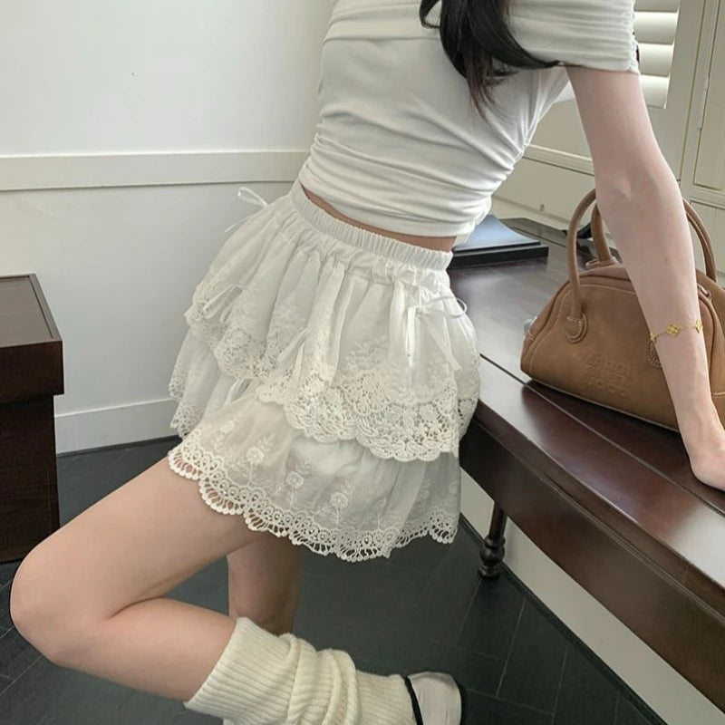 Deeptown Coquette White Lace Short Skirt Ruffle Women Sweet Bow Kawaii Mini Skirts Patchwork Layered A-line Aesthetics Skirt - reetell