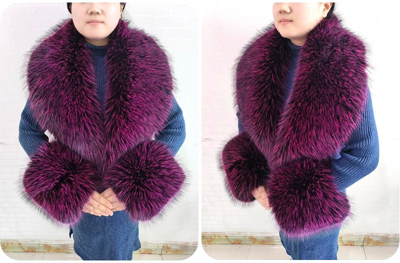 Winter Faux Fur Collar Cuffs Set Women Fluffy Large Shawl Coat Accessories Warm Fashion Fake Fox Fur Scarf Furry Scarves Female - reetell