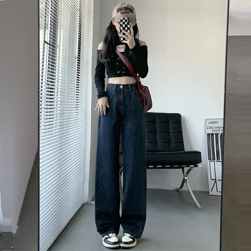 ZOENOVA High Waisted Jeans Y2K Fashion Women Clothing Blue Black Straight Leg Denim Pants Trousers Mom Jean Baggy Trousers Tall - reetell