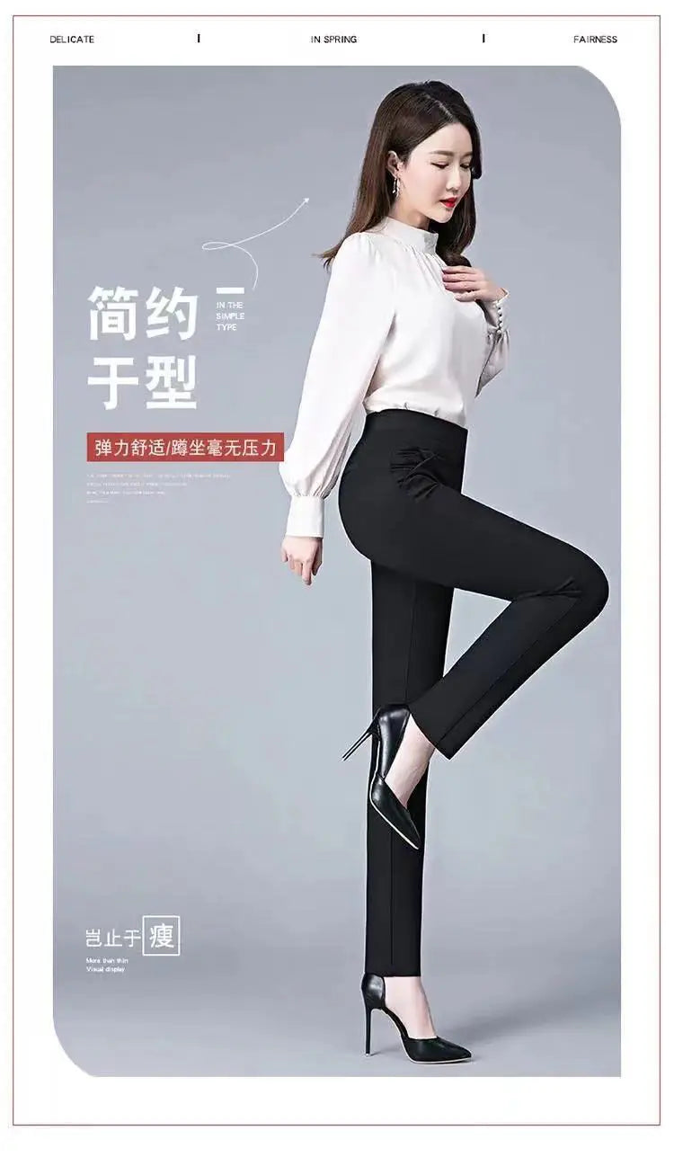 Office Lady Solid Big Size 6XL All-match Pencil Pants Spring Autumn Fashion Women Elastic High Waist Pockets Straight Trousers - reetell