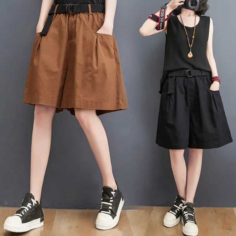 Women's Shorts Half Baggy Mid Length Wide Black Female Short Pants Loose Bermuda Knee Low Price Classic Harajuku Fashion New In - reetell