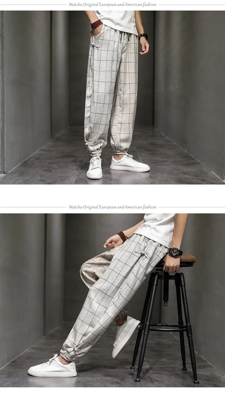 Cotton Linen Pants for Men New Trend Disc Buckle Hallen Pants Man Spring Summer Comfortable Breathable Casual Pants