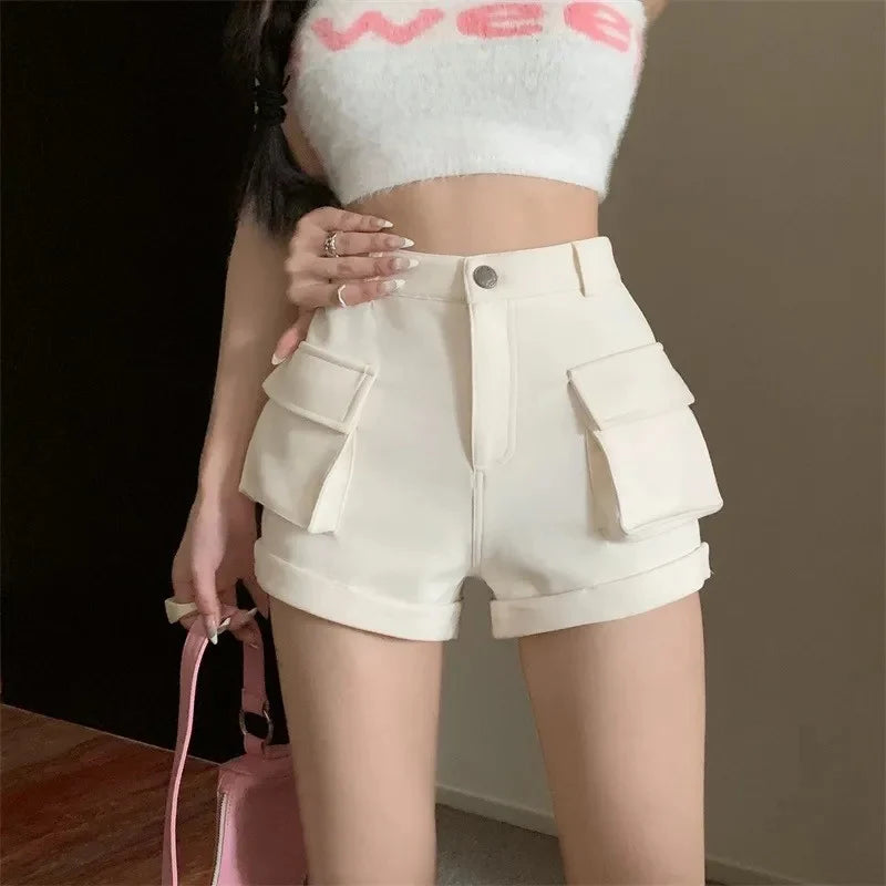 Zoki Korean Casual Cargo Shorts Women Pockets High Waist Streetwear Shorts Summer All Match Lady Simple Solid Slim Cargo Shorts - reetell