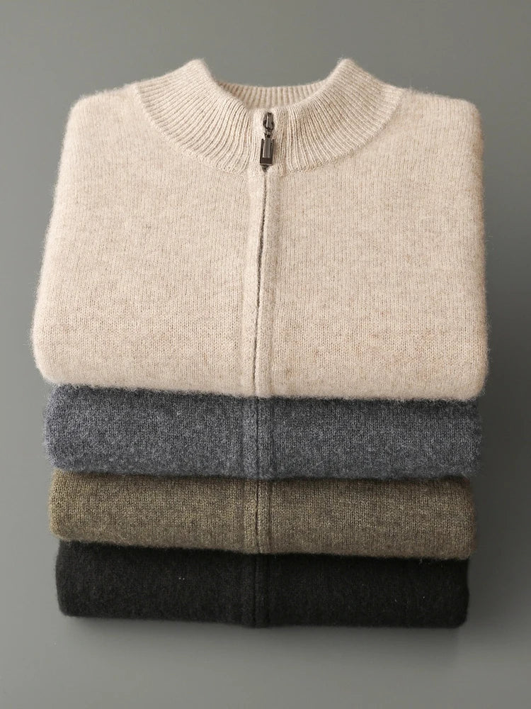 Choice High Quality Men Zipper Wool Cardigan Cashmere Sweater Autumn Winter Thick Smart Casual 100% Merino Wool Knitwear Tops - reetell