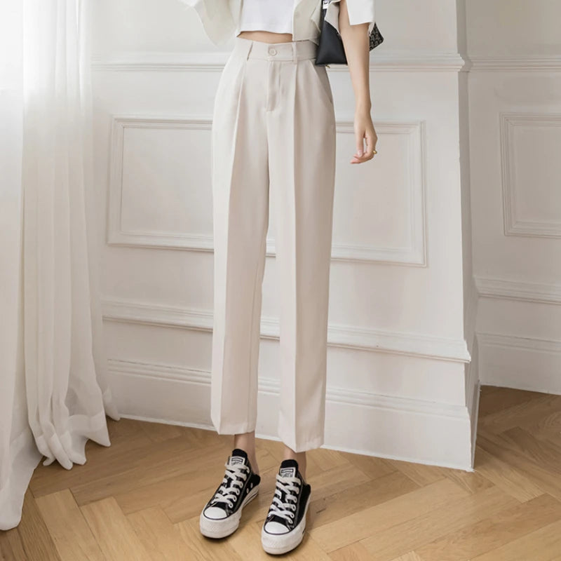 Chic High Waist Pants Women 2024 Spring Summer Casual Loose Solid Straight Trouser Office Ladies Work Nine Points Suit Pant New - reetell