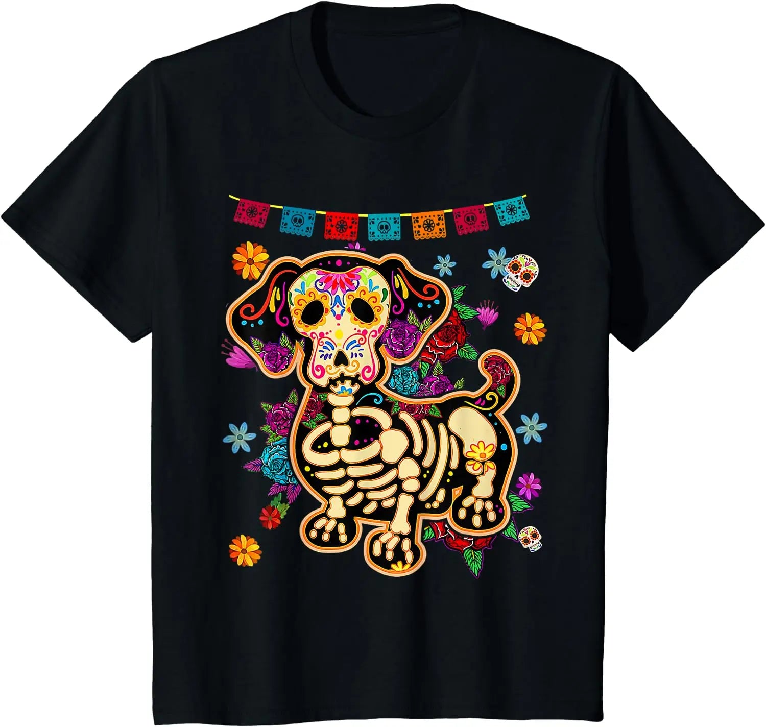 Sugar Skull Mexican Dachshund Bone Halloween Day of Dead T-Shirt Casual Cotton Four Seasons Graphic T Shirts Funny T Shirts