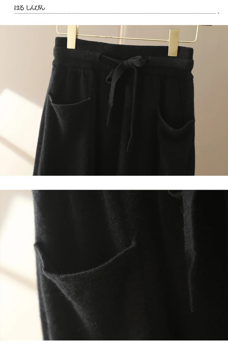 Autumn And Winter100% Pure Wool Skirt Women's Long Pocket Small A Skirt High Waist Slim Cashmere Knit A-Line Skirt - reetell