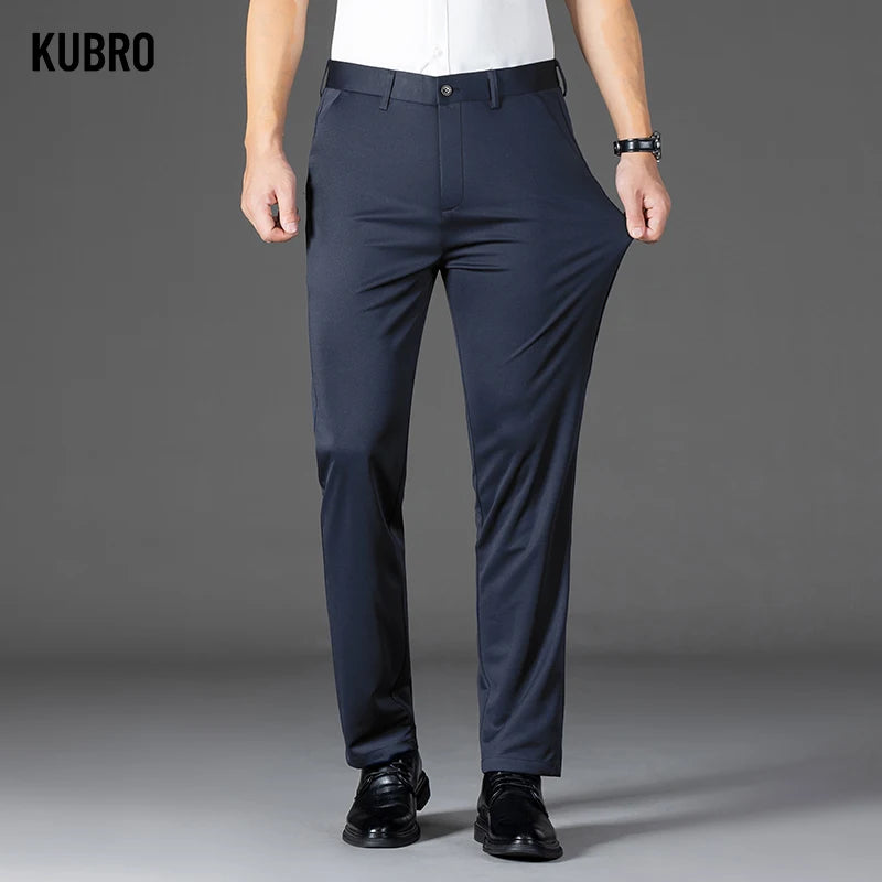 KUBRO Men's Summer Thin Fashion Business Casual Suit Pants Long Pants Men's Elastic Straight Sleeve Formal Pants Plus Size 2024 - reetell