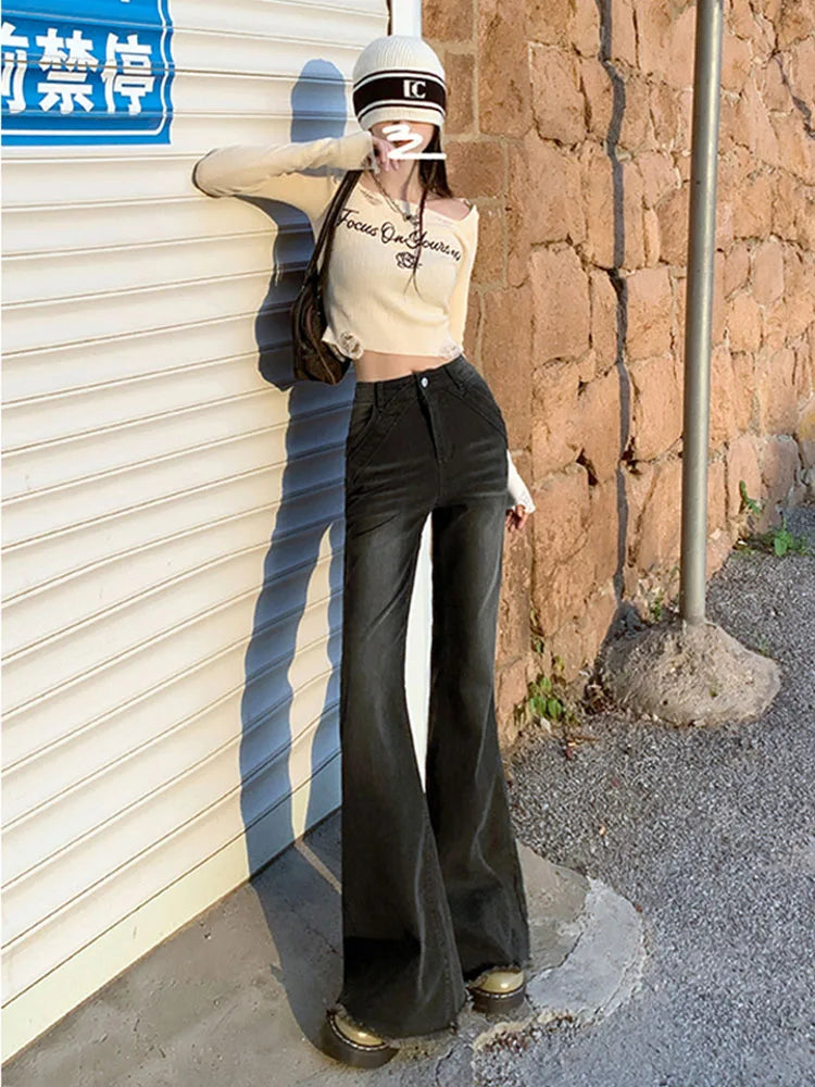 American Retro Bell Bottoms Low Waist Slim Women Fashion Black E-Girl Denim Pant Hiphop High Street Flare Jeans Y2K Streetwear - reetell