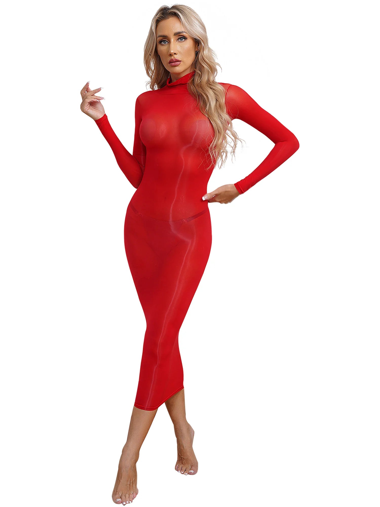 Womens See Though Skinny Dress Lingerie High Stretchy Glossy Bodycon Dress Long Sleeve Sleeveless Dating Club Rave Party Clothes - reetell