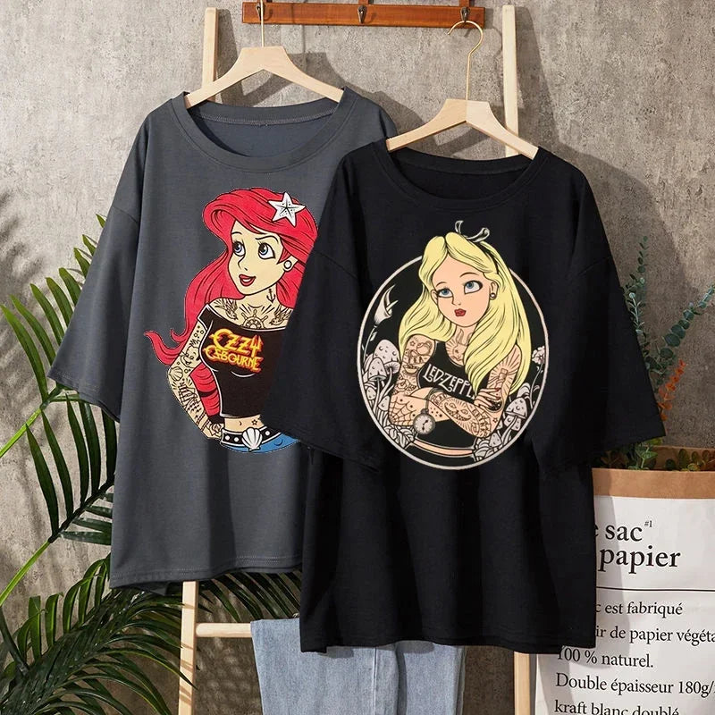 Princess Print Alice in Wonderland Women T Shirt Tops Black Alice Snow White Casual Short Sleeve T-shirt Femme Top Y2K - reetell