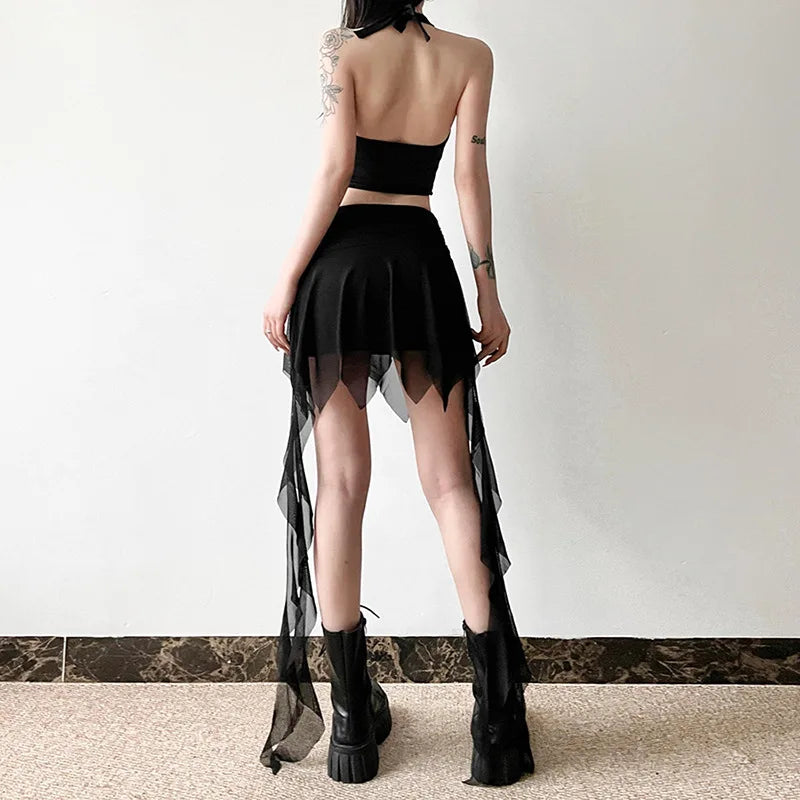 Goth Dark 2000S Aesthetic Irregular Hem Short Skirt Gothic Fashion High Waist Slim A-Line Skirts E-girl Streetwear Mesh Bottoms - reetell