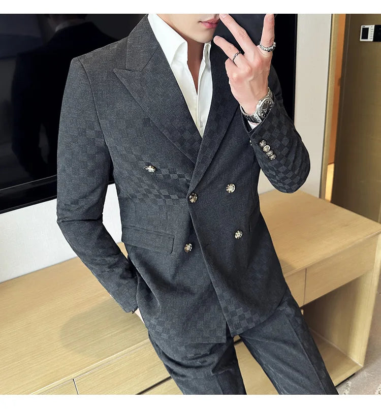 (Jacket+Pants) 2 Pieces Blue Apricot Business Party Men Suits Double Breasted Formal Style Custom Made Wedding Groom Tuxedos - reetell