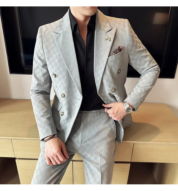 (Jacket+Pants) 2 Pieces Blue Apricot Business Party Men Suits Double Breasted Formal Style Custom Made Wedding Groom Tuxedos - reetell