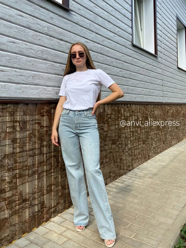 MiuKoMiYa Wide Leg Pink Jeans For Women High Waist Gray Full Denim Pants Straight Vintage Jean Women 2023 Fashion Denim Trousers - reetell