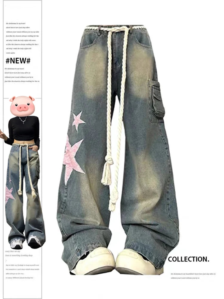 Women Baggy Star Jeans Vintage Harajuku Oversize High Waist Denim Trouser Emo 2000s Y2k 90s Aesthetic Wide Pants Trashy Clothes - reetell