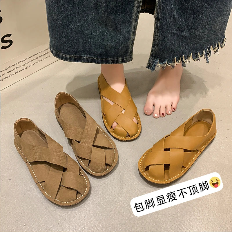 2024 leather Women's Sandals Top Layer Cowhide Handmade Woven  Women casual Flats the retro art mori girl shoes