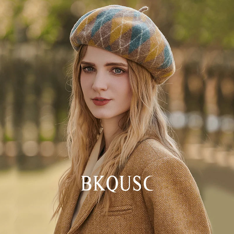 Beret Women Wool Classic Prismatic Check Cashmere Berets French Elegant Pure Wool Vintage Beret Woman Luxury Hats Winter Caps