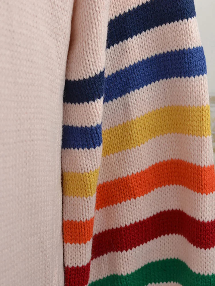 Fitshinling Rainbow Striped Boho Cardigan Winter Long Coat Female Knitwear Pink Slim Sweaters Cardigans For Women Clothes 2022 - reetell