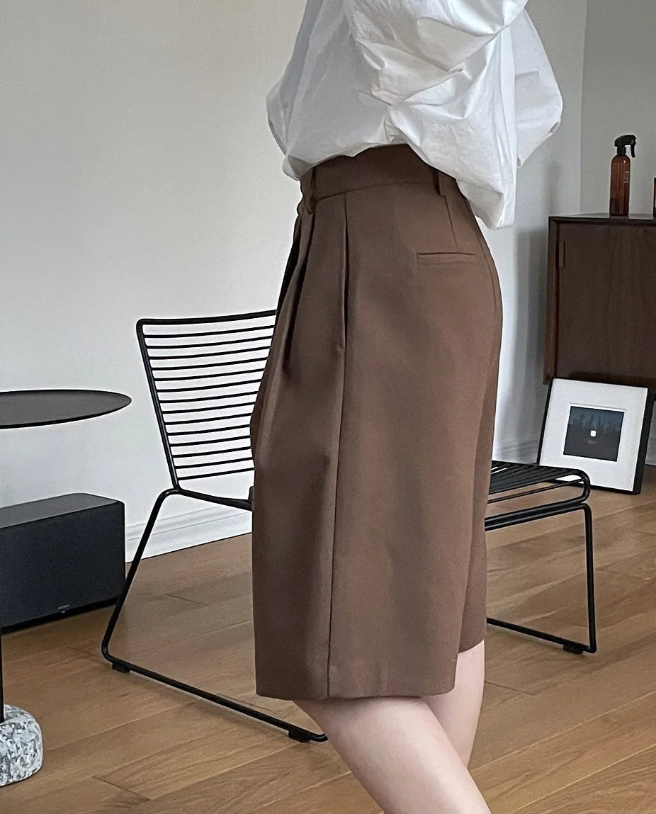 [LANMREM] Pleated Wool Shorts For Women High Waist Straight Office Lady Loose Clothing Korean Style 2024 Summer New 26D8692 - reetell