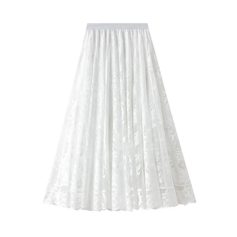 Spring Summer Women Lace Skirts Solid High Waist Elastic Vintage Elegant Office Ladies White Black Chic Long Skirts Jupe Longue - reetell