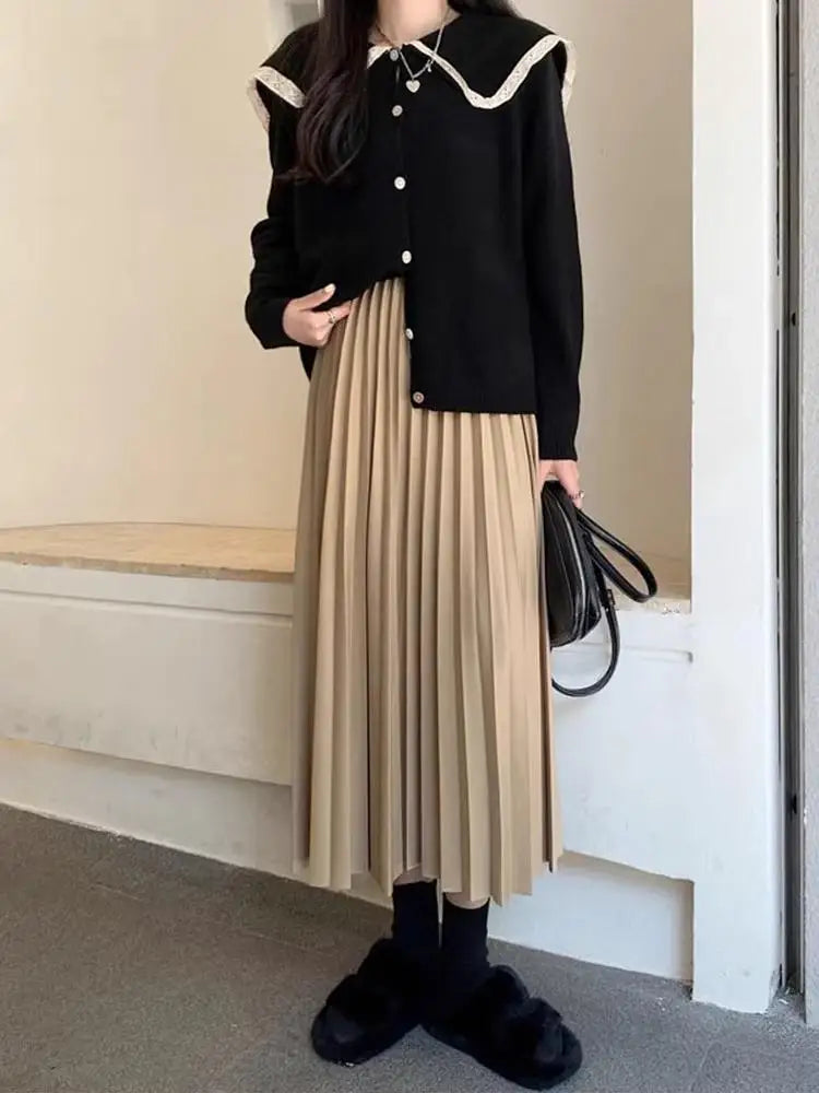 2023 Women Elegant Pleated Skirt High Waist Women Mid-long Skirt Female Ladies High Quality Women Midi Skirt Black Saia - reetell