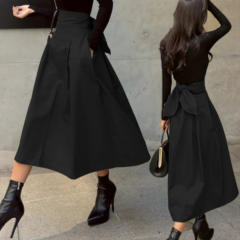 Skirts Womens Korean Fashion Solid Color Big Swing Ladies Skirt Long Skirt 2022 Autumn Wild High Waist Bow Slim Skirts - reetell