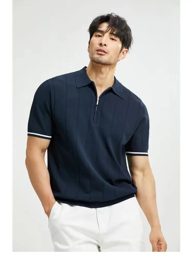 Summer New Men Clothing Lapel Zippers Polo Shirts Fashion Business Casual Vertical Lines Loose Solid Short Sleeve Thin Tops 2024